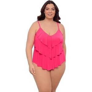 Aqua‎ Green Coral Bright Pink Swim Tankini Triple Tier Ruffle Swimsuit Top 24 W